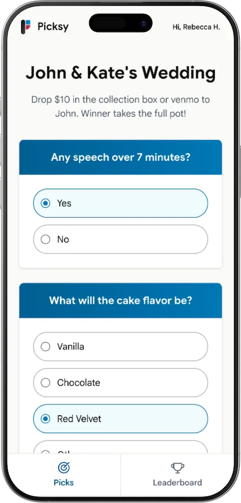 Screenshot of the page where user is making picks